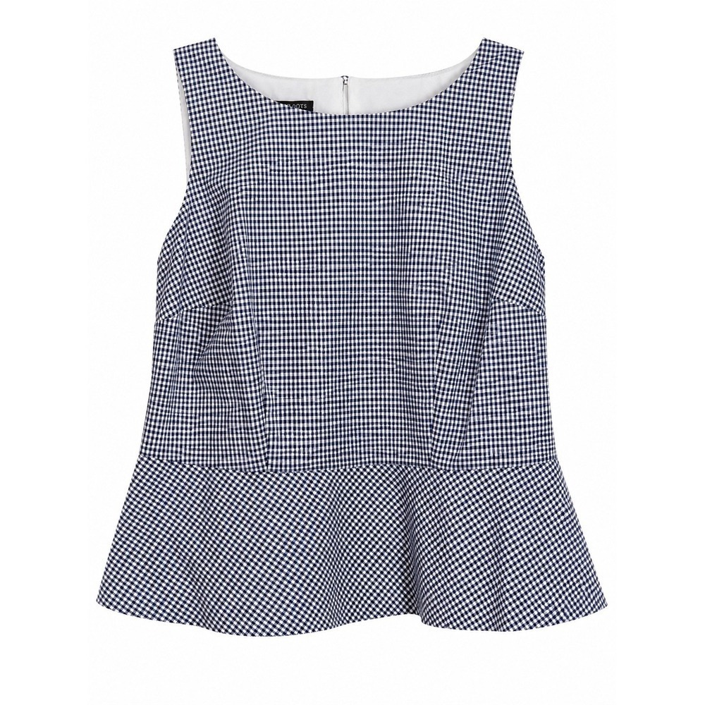 Talbots Navy & White Gingham Peplum Top Size 12 Classic Preppy Style MSRP $80